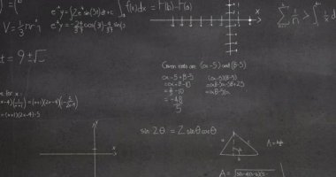 Matematiksel denklemler ve grafikler okul ortamında bir tahtayı kapsıyor. Tebeşir yazılı formüller yüksek seviye bir matematik veya fizik dersi, yavaş çekim önerir.