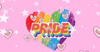 Gökkuşağı kalp geçmişi olan canlı, gurur temalı bir grafik. Aşkın sembolleri ve LGBTQ + topluluk gururu bu renkli tasarımla, yavaş çekimde kutlanır..