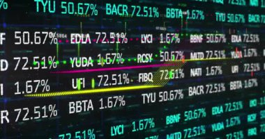 Ekranlardaki borsa verileri dinamik ticaret faaliyetleri gösteriyor. Bu canlı görüntü aktif finans piyasası eğilimlerini ve yatırım analizlerini gösteriyor, yavaş çekim.