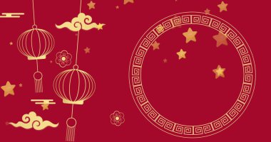 Image of chinese traditional decorations with stars on red background. Chinese new year, festivity, celebration and tradition concept digitally generated image. clipart