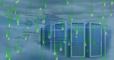 Bilgisayar sunucuları üzerinden finansal veri işleme resmi. Küresel finans, iş, bağlantılar, hesaplama ve veri işleme kavramı dijital olarak oluşturuldu.