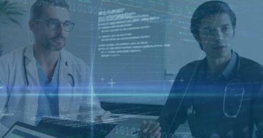 Hastanedeki çeşitli doktorların finansal veri işleme görüntüsü. Küresel tıp, bağlantılar, hesaplama ve veri işleme kavramı dijital olarak oluşturulmuş görüntü.