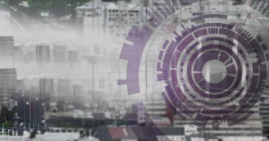 Şehir manzarası üzerinde kapsam ve veri işleme görüntüsü. Küresel finans, iş, bağlantılar, hesaplama ve veri işleme kavramı dijital olarak oluşturuldu.