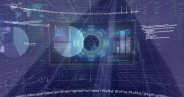 Modern ofis binası üzerinde finansal veri işleme resmi. Küresel iş, finans ve dijital arayüz kavramı dijital olarak oluşturulmuş görüntü.