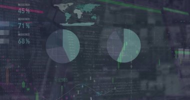 Şehir manzarası üzerinde finansal veri işleme resmi. Küresel iş, finans ve dijital arayüz kavramı dijital olarak oluşturulmuş görüntü.