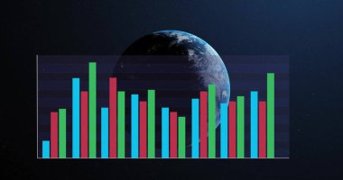 Image of digital data processing over globe on dark background. global connections, computing and data processing concept digitally generated image. clipart