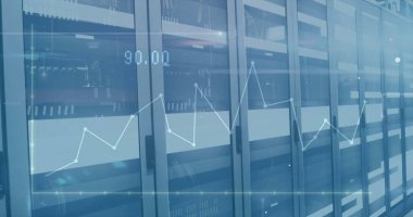 Bilgisayar sunucuları üzerinden finansal veri işleme resmi. Küresel finans, iş, bağlantılar, hesaplama ve veri işleme kavramı dijital olarak oluşturuldu.