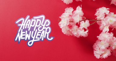 Image of new year greetings text over chinese blossom on red background. Chinese new year, festivity, celebration and tradition concept digitally generated image. clipart