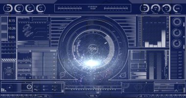 Dairesel tarayıcının resmi ve arayüz ekranında veri işleme grafikleri. Veri, dijital arayüz, işleme, ağ, bağlantı ve iletişim, dijital olarak oluşturulmuş resim.