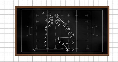 Taktik ve strateji çizimleriyle kareli bir rugby sahası resmi. Spor, rekabet, strateji, oyun ve oyun konsepti dijital olarak oluşturulmuş imaj.