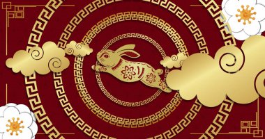 Kırmızı arka planda tavşan resmi olan geleneksel Çin dekorasyonları. Çin yeni yılı, şenlik, kutlama ve geleneksel konsept dijital olarak oluşturulmuş imaj.