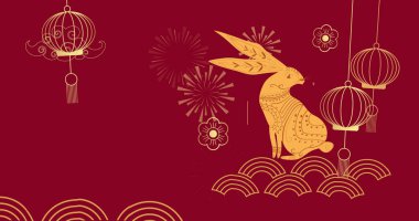 Kırmızı arka planda tavşan resmi olan geleneksel Çin dekorasyonları. Çin yeni yılı, şenlik, kutlama ve geleneksel konsept dijital olarak oluşturulmuş imaj.