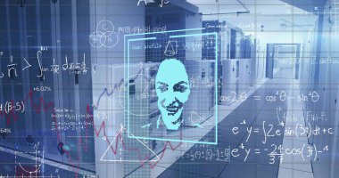 Bilgisayar sunucuları üzerinden biyometrik fotoğraf ve dijital veri işleme resmi. Dijital olarak oluşturulmuş küresel bağlantılar, hesaplama ve veri işleme kavramı.