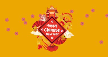 Image of happy chines new year text over orange background. new years eve party and celebration concept digitally generated image. clipart