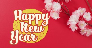 Image of new year greetings text over chinese traditional decorations on red background. Chinese new year, festivity, celebration and tradition concept digitally generated image. clipart