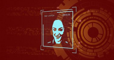 Biyometrik fotoğraf görüntüsü, dijital veri işleme alanı taraması. Dijital olarak oluşturulmuş küresel bağlantılar, hesaplama ve veri işleme kavramı.