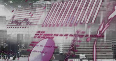 Şehir manzarası üzerinde finansal veri işleme resmi. Küresel finans, iş, bağlantılar, hesaplama ve veri işleme kavramı dijital olarak oluşturuldu.