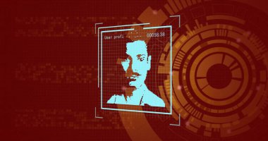 Biyometrik fotoğraf görüntüsü, dijital veri işleme alanı taraması. Dijital olarak oluşturulmuş küresel bağlantılar, hesaplama ve veri işleme kavramı.