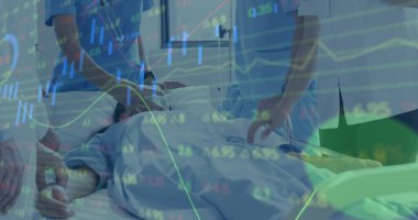 Hastanedeki çeşitli doktorların finansal veri işleme görüntüsü. Küresel tıp, bağlantılar, hesaplama ve veri işleme kavramı dijital olarak oluşturulmuş görüntü.