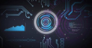 Bilgisayar devre kartının üzerinde tarama ve veri işleme görüntüsü. Küresel finans, iş, bağlantılar, hesaplama ve veri işleme kavramı dijital olarak oluşturuldu.