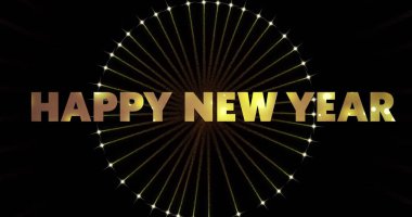 Yeni yıl mesajlarının ve siyah arka planda havai fişeklerin resmi. Yeni yıl, yeni yıl arifesi, kutlama ve gelenek kavramı dijital olarak oluşturuldu..