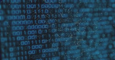 İkili kod ve ağ bağlantıları, dijital veri işleme görüntüsü. Teknoloji, fütüristik, internet, siber, bilgi, kodlama
