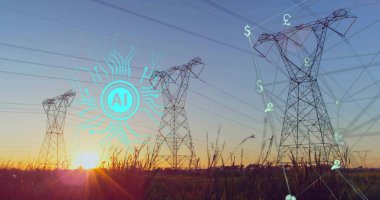 Gün batımında elektrik hatları üzerinde yapay zeka ağı ve finansal semboller. Teknoloji, ağ, finans, elektrik, yenilik, dijital
