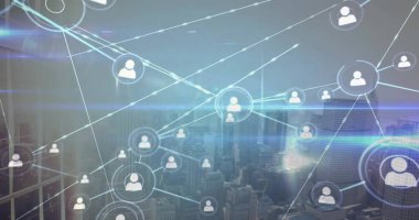 Şehir manzarası üzerindeki bağlantı ağının resmi. Dijital olarak oluşturulmuş küresel bağlantılar, hesaplama ve veri işleme kavramı.