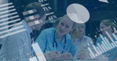 Kafkas doktorların hastanede konuştuğu veri işleme ve diyagramlar. Tıp ve dijital arayüz kavramı dijital olarak oluşturuldu.