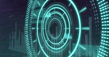 Kapsam taramasında dijital veri işleme resmi. Dijital olarak oluşturulmuş küresel bağlantılar, hesaplama ve veri işleme kavramı.