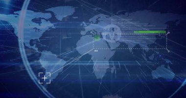 Dünya haritası üzerindeki simgelerle bağlantı ağının resmi. Dijital olarak oluşturulmuş küresel bağlantılar, hesaplama ve veri işleme kavramı.