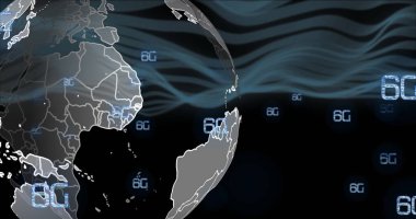 6G metin ve veri işleme görüntüsü. Dijital olarak oluşturulmuş küresel bağlantılar, hesaplama ve veri işleme kavramı.