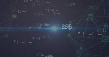 Siyah arkaplandaki simgelerle bağlantı ağı üzerinden veri işleme resmi. Küresel bağlantılar, teknoloji ve dijital arayüz konsepti dijital olarak oluşturuldu.