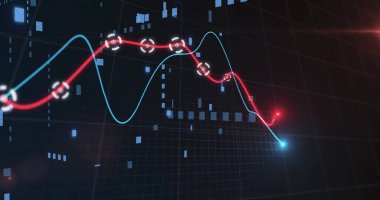 Dijital şebeke üzerinde kırmızı ve mavi dalgalanan çizgiler. analitik, teknoloji, fütüristik, bilgi, görselleştirme, örüntü