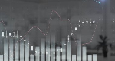 Boş ofis üzerinden finansal veri işleme resmi. Küresel iş, finans, hesaplama ve dijital arayüz kavramı dijital olarak oluşturuldu.