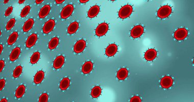 Mavi zemin üzerinde dönen kırmızı ve mavi yuvarlak bokeh ışıkları. Bağlantı, işleme, ağ ve iletişim, dijital olarak oluşturulmuş resim.