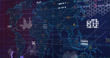 Veri noktaları ve grafikleri olan dünya haritası, küresel veri analiz resmi. Analiz, istatistik, bilgi, görselleştirme, teknoloji, ağ