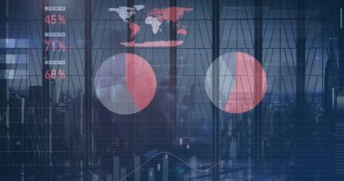 Yürüyen iş adamlarının veri işleme ve diyagramlarının görüntüsü. Teknoloji, iş ve dijital arayüz kavramı dijital olarak oluşturulmuş görüntü.