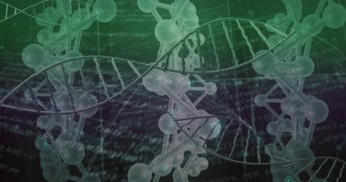 Veri işleme üzerindeki DNA iplikçiklerinin resmi. Küresel teknoloji ve dijital arayüz konsepti dijital olarak oluşturuldu.