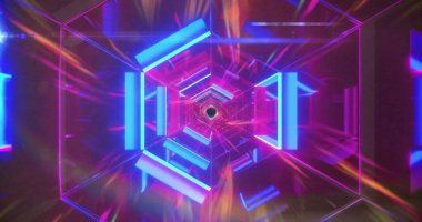 Siyah arkaplanda renkli ışık yollarıyla pembe ve mavi tünel yapısı. İşleniyor, veri, enerji, ışık, bağlantı, teknoloji ve iletişim, dijital olarak oluşturulmuş görüntü.