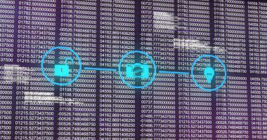 Koyu arkaplan üzerinde simgeler ve veri işleme ile ağ resmi. Küresel finans, iş, bağlantılar, hesaplama ve veri işleme kavramı dijital olarak oluşturuldu.