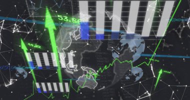 Veri işleme ve dünya üzerindeki diyagramların resmi. Küresel iş ve dijital arayüz kavramı dijital olarak oluşturulmuş görüntü.