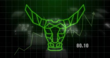 Siyah arka planda boğa simgesi üzerinde finansal veri işleme resmi. Küresel siber güvenlik, bağlantılar, hesaplama ve veri işleme kavramı dijital olarak oluşturuldu.