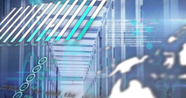 Image of data processing over computer servers. Global connections, computing and data processing concept digitally generated image.