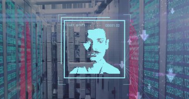 Bilgisayar sunucuları üzerinden biyometrik fotoğraf ve veri işleme resmi. Küresel yapay zeka, iş dünyası, finans, hesaplama ve veri işleme kavramı dijital olarak oluşturulmuş görüntü.