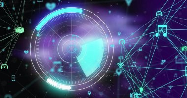 Siyah arkaplanda tarama kapsamı üzerinde simgelerle bağlantı ağının resmi. Küresel bağlantılar, teknoloji ve dijital arayüz konsepti dijital olarak oluşturuldu.