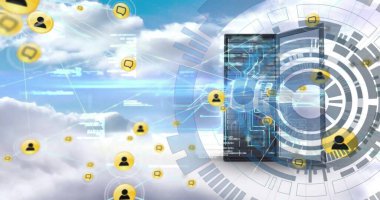 Mavi gökyüzü üzerinde insanların ve sohbet simgelerinin ve tarama verilerinin görüntüsü. Ağ, veri, dijital arayüz ve iletişim, dijital olarak oluşturulmuş resim.