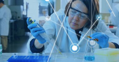 Kafkas kadın bilim adamı üzerinden bağlantı ağı görüntüsü. Küresel bilim, finans, hesaplama ve veri işleme kavramı dijital olarak oluşturulmuş görüntü.