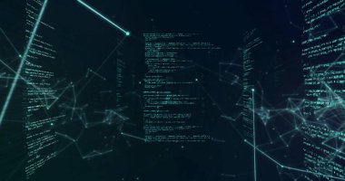 Karanlık arkaplan üzerinde bağlantı ve veri işleme ağının resmi. Küresel finans, iş, bağlantılar, hesaplama ve veri işleme kavramı dijital olarak oluşturuldu.