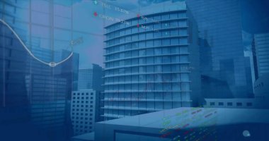 Şehir manzarası üzerindeki veri işleme ve diyagramlarının resmi. Küresel iş ve dijital arayüz kavramı dijital olarak oluşturulmuş görüntü.